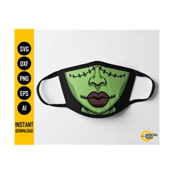 Frankenstein Girl Face Mask SVG | Halloween Facemask | Monster Mouth Cover | Cricut Cut File Clipart Vector Digital Download Png Dxf Eps Ai