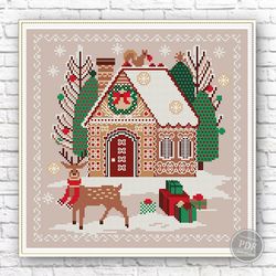 Cross stitch sampler Gingerbread house and Christmas deer. Christmas embroidery. Modern Design PDF 121