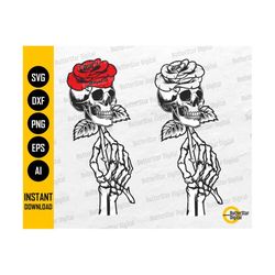 Skeleton Holding Skull Rose SVG | Flower Tattoo Decal T-Shirt Wall Art | Cricut Silhouette | Printable Clipart Vector Digital Dxf Png Eps Ai