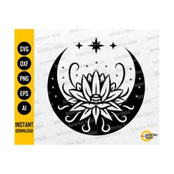Lotus Moon SVG | Floral Moon SVG | Mystical Decals Shirt Vinyl Sticker | Cricut Cutting File Printable Clipart Vector Digital Dxf Png Eps Ai