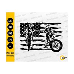 US Mountain Bike Riders Fist Bumping Svg | USA Flag MTB T-Shirt Decal Vinyl Sticker | Cricut Cut File Clip Art Vector Digital Dxf Png Eps Ai