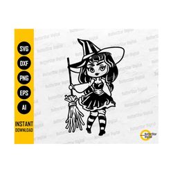 Cute Witch With Broom SVG | Children's Halloween SVG | Cricut Cutting File Silhouette Vinyl Printable Clip Art Vector Digital Dxf Png Eps Ai