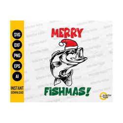 Fishing Merry Christmas SVG | Bass Fish SVG | Funny Holiday T-Shirt Gift Card Sign Decal Stickers | Cut File Clip Art Digital Dxf Png Eps Ai