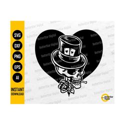 heart skull svg | skull with top hat svg | playing cards decal t-shirt tattoo | cutting file printable clipart vector digital dxf png eps ai