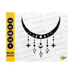 Moon With Dangling Crystals SVG | Celestial Decal Shirt Decor Vinyl Stencil | Cutting Files Cuttable Clip Art Vector Digital Dxf Png Eps Ai