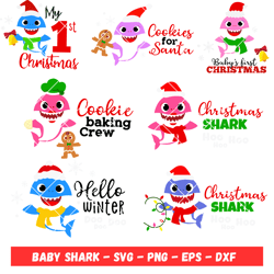 Christmas baby Shark, 60 Design Bundle, Baby Shark Christmas Svg, Kawaii Svg, Cricut, Silhouette Vector Cut File