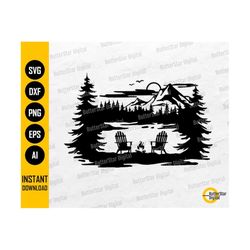 Lake Scene With Adirondack Chairs SVG | Campfire SVG | Camp DIY T-Shirt Sticker Mug Decal | Cut Files Clip Art Vector Digital Dxf Png Eps Ai