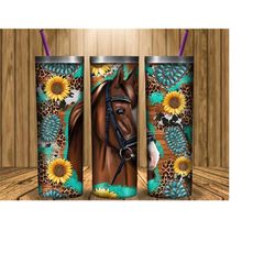 Western Horse Tumbler Png Sublimation Design, 20oz Skinny Tumbler, Leopard Sunflower Tumbler Png, Turquoise Glitter Tumb