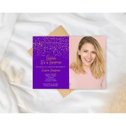 purple birthday invitations with photo/girls women men kids/any age/printable purple gold confetti birthday invitations/