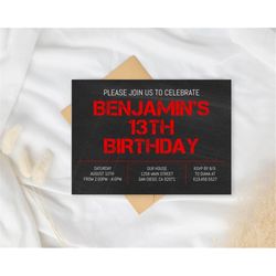 Black and Red Birthday Invitations for Boys/Red Birthday Invitations for Teens Kids/ANY AGE Color/Corjl/Instant Download