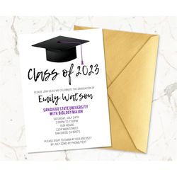 Purple Graduation Party Invitation Template, Graduation Announcement, Graduation Cap, Printable Graduation Invitation, H