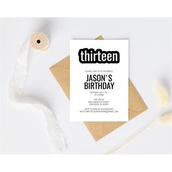 Minimalist Black & White Birthday Invitation Template, ANY AGE, Instant Download Modern Birthday Invitation for Boys Tee