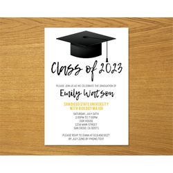 Class of 2023 Graduation Party Invitation Template, Printable Gold Graduation Announcement, Graduation Cap, High School