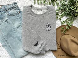 Embroidered Ghost Sweatshirt Png, Halloween Sweatshirt Png, Black Cat, Fall Sweatshirt Png for Women, Halloween Crewneck
