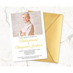 Simple Gold Retirement Party Invitation Template for Men Women, Gold Retirement Invitations with Photo, DIY, Modern Reti
