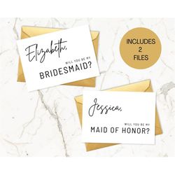 modern bridesmaid proposal card template, minimalist will you be my bridesmaid card, maid of honor proposal, editable in
