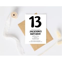 Simple Black and White Birthday Invitation Template, ANY AGE, Instant Download Birthday Invitation for Boys Teens Kids G