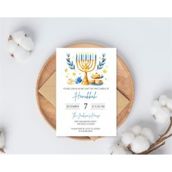 Hanukkah Invitation Template, Printable Hanukkah Dinner Party Invitation, Lighting Hanukkah Celebration, Menorah, Corjl