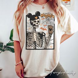 Vintage Skeleton Drinking Coffee Comfort Colors Shirt Png, Disney Halloween Shirt Png, Retro Skeleton Mickey Ears Shirt