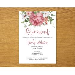 Pink Floral Retirement Invitations Template/Printable Pink Flowers Retirement Invitations for Men Women/Instant Download