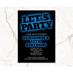 Black & Blue Birthday Invitation for Boys Teens Kids/ANY AGE/Neon Blue Birthday Invitation Template/Instant Download/Glo