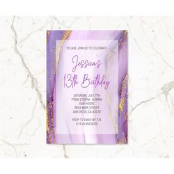 Purple Watercolor Birthday Invitation Template for Girls Teens Kids Adult/Instant Download Purple Marble Birthday Party