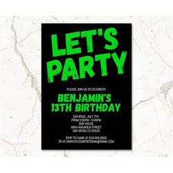 Black and Green Birthday Invitation for Teens Boys Teenagers Kids/ANY AGE & Color/Corjl/Green Birthday Invitations for K