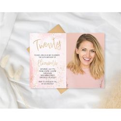 pink watercolor birthday invitations with photo/girls women kids teens/any age/gold glitter and pink birthday invitation