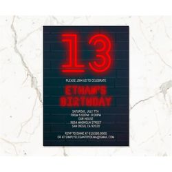 Neon Red Birthday Party Invitation for Boys Teens Kids/ANY AGE/Neon Red Birthday Invitation Template/Instant Download/Gl