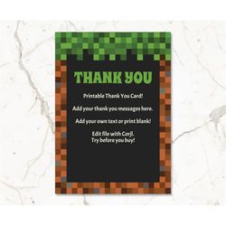 Pixelated Thank You Card, Video Game Thank You Card, Pixel Thanks, Gaming Party, Minecraft Game Thank You Card/DIY Corjl