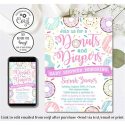editable donuts and diapers baby shower invitation, donut baby shower invitation, diaper baby shower invitation, 4x6 & 5