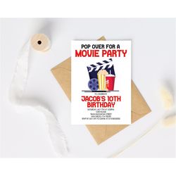 Movie Birthday Invitation, Cinema Birthday Invitation ,Pop on over Birthday Party Invitation, Movie Ticket Invitation,In