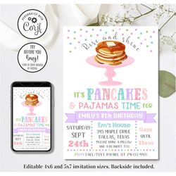 Editable Pancakes and Pajamas Invitation, Pancakes and Pajamas Birthday Invitation, Pajama Party, 4x6 & 5x7