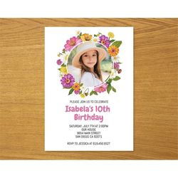 Pink Floral Birthday Party Invitation with Photo Template, Pink Flowers Birthday Invitation for Kids, Teens, Girls, Corj