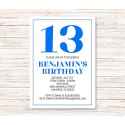 Blue Birthday Invitation for Boys, Girls, Teens, Kids/ANY AGE & Color/Printable Blue Birthday Invitations Template/Insta