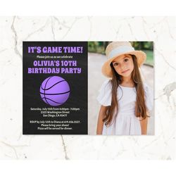 Purple Basketball Birthday Invitation for Girls with Photo/Purple Basketball Invitation for Kids/Sports Birthday Invitat