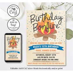 Editable Birthday Bonfire Invitation, Bonfire Invitation, Camping Invitation, Smores Invitation, 4x6 & 5x7