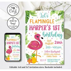 Editable Flamingo Birthday Invitation, Let's Flamingle, Flamingo Invitation, 4x6 & 5x7