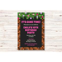 Pink Pixelated Invitation for Girls, Pink Minecraft Invitations for Girls, Pixel Birthday Invitation, Minecraft Game for