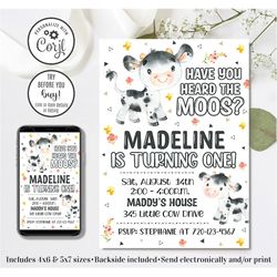 Editable Cow Invitation, Cow Birthday Invitation, Have You Heard the Moos, Holy Cow Invitation, Farm Invitation, 4x6 & 5