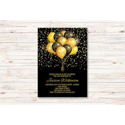 Black and Gold Birthday Invitation Template, Editable Birthday Invitations, Gold and Black Balloons Birthday Party Invit