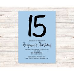Blue Boys Simple Birthday Invitation Template, ANY AGE and COLOR, Instant Download, Boys Baby Blue Birthday Invitation,