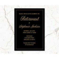 Black & Gold Retirement Invitations Template/Printable Golden Frame Black Retirement Invitations for Men Women/Instant D