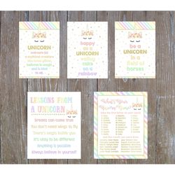 Unicorn Party Signs, Lessons From A Unicorn, Unicorn Name Game, Instant Download, 5 Party Signs