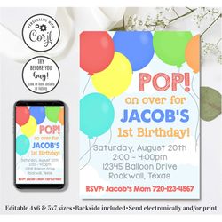 Editable Balloon Invitation, Balloon Birthday Invitation, 4x6 & 5x7