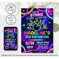 Editable Bowling Birthday Invitation, Glow Bowling Invitation, Bowling Invitation, Glow Invitation, Strike Up Some Fun,