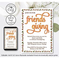 Editable Friendsgiving Invitation, Give Thanks Invitation, Thanksgiving Invitation, 4x6 & 5x7