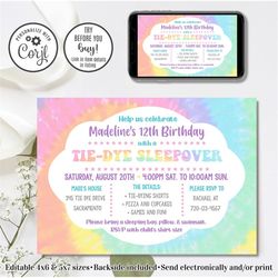 Editable Tie Dye Invitation, Tie Dye Birthday Invitation, 4x6 & 5x7