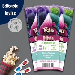 Trolls Band Together Invitation Trolls Band Together Birthday Invitation Trolls Movie Ticket Invite Movie Pass Theme Par