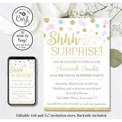 Editable Surprise Party Invitation, Girl Surprise Party Birthday Invitation, 4x6 & 5x7